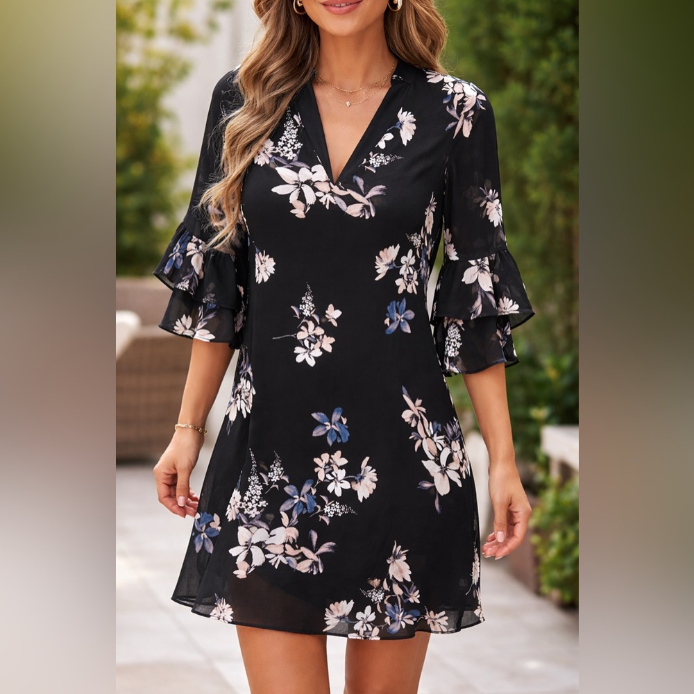 Calvin Klein Black Floral Bell Sleeve Dress – Size 6